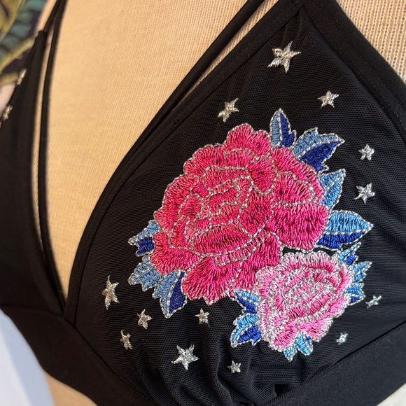 PINK Victoria's Secret Black Bralette with Pink Floral Embroidery - Picture 7 of 9